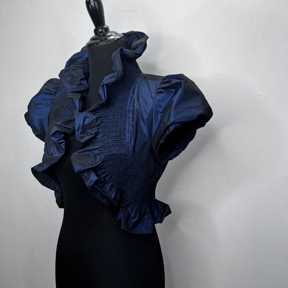 Forever 21 Cropped Bolero Jacket L Taffeta Ruffle Peplum Blue Holiday Party - Picture 2 of 5